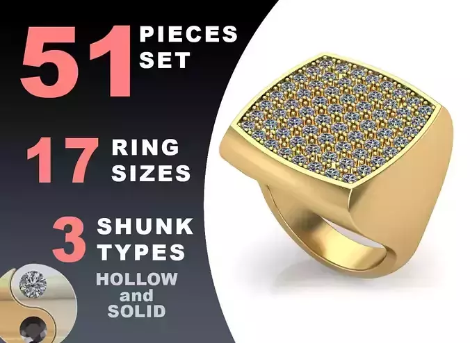 Signet rings set CUSHION top  3D print model