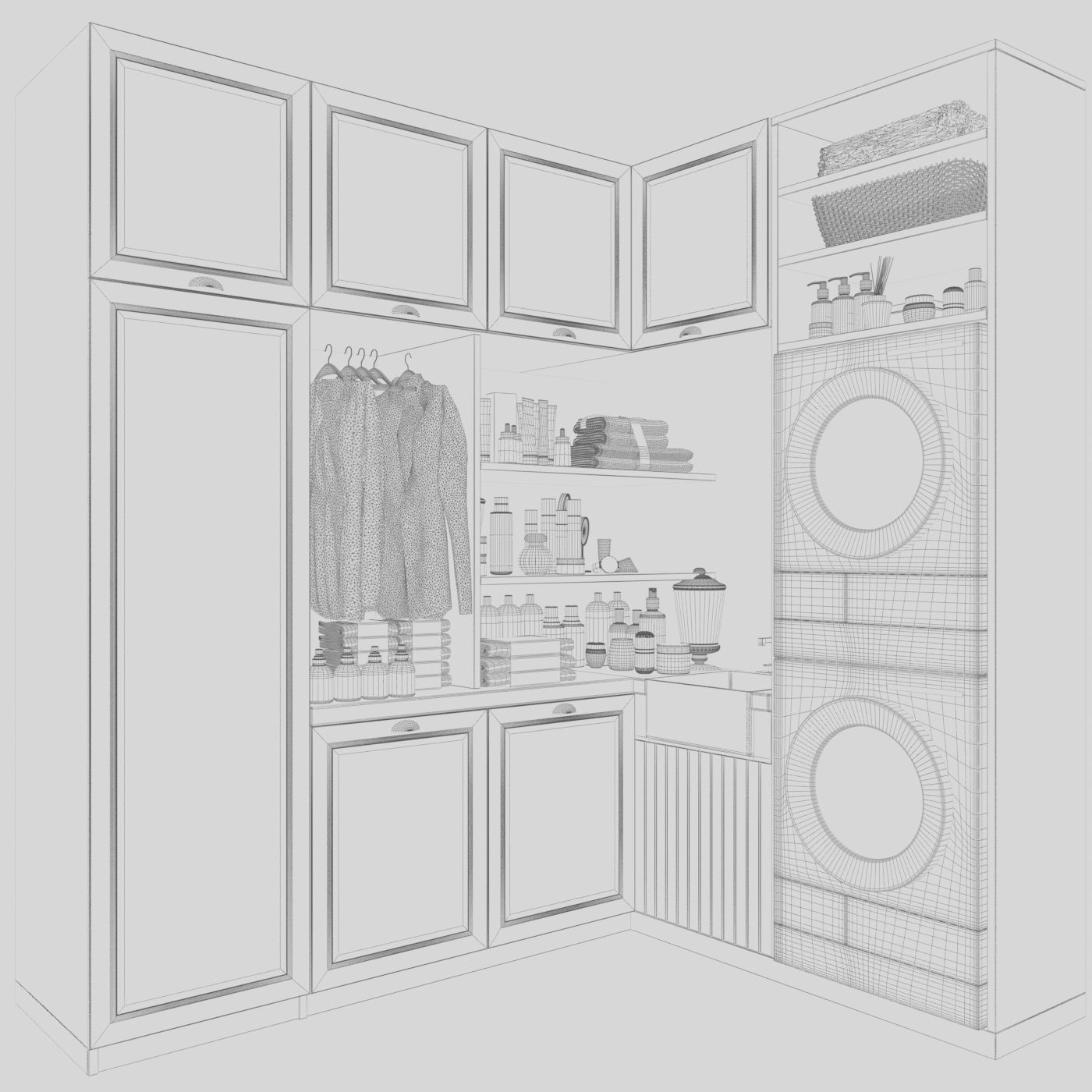 Modern laundry room with clothes and cosmetics 3D model_2