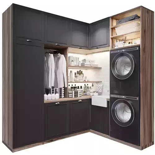 Modern laundry room with clothes and cosmetics