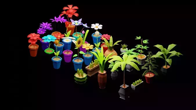 LowPoly Flowers plants in pots