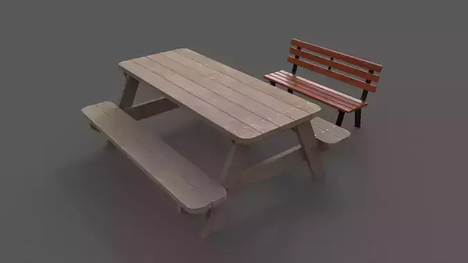 PBR Picnic Table Park Bench Low-poly 3D model