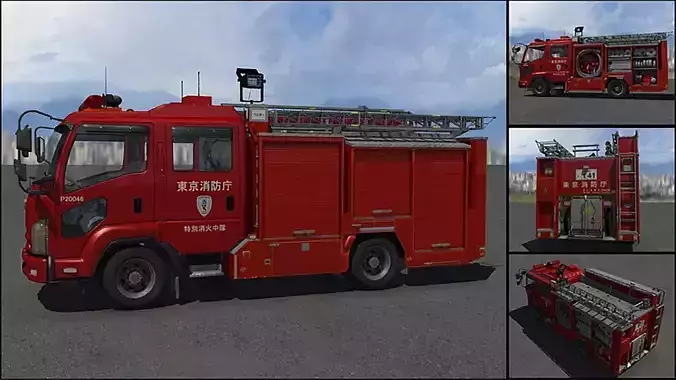 Japanese Fire Truck  3D Model - Unity Ready  3D model 3D model