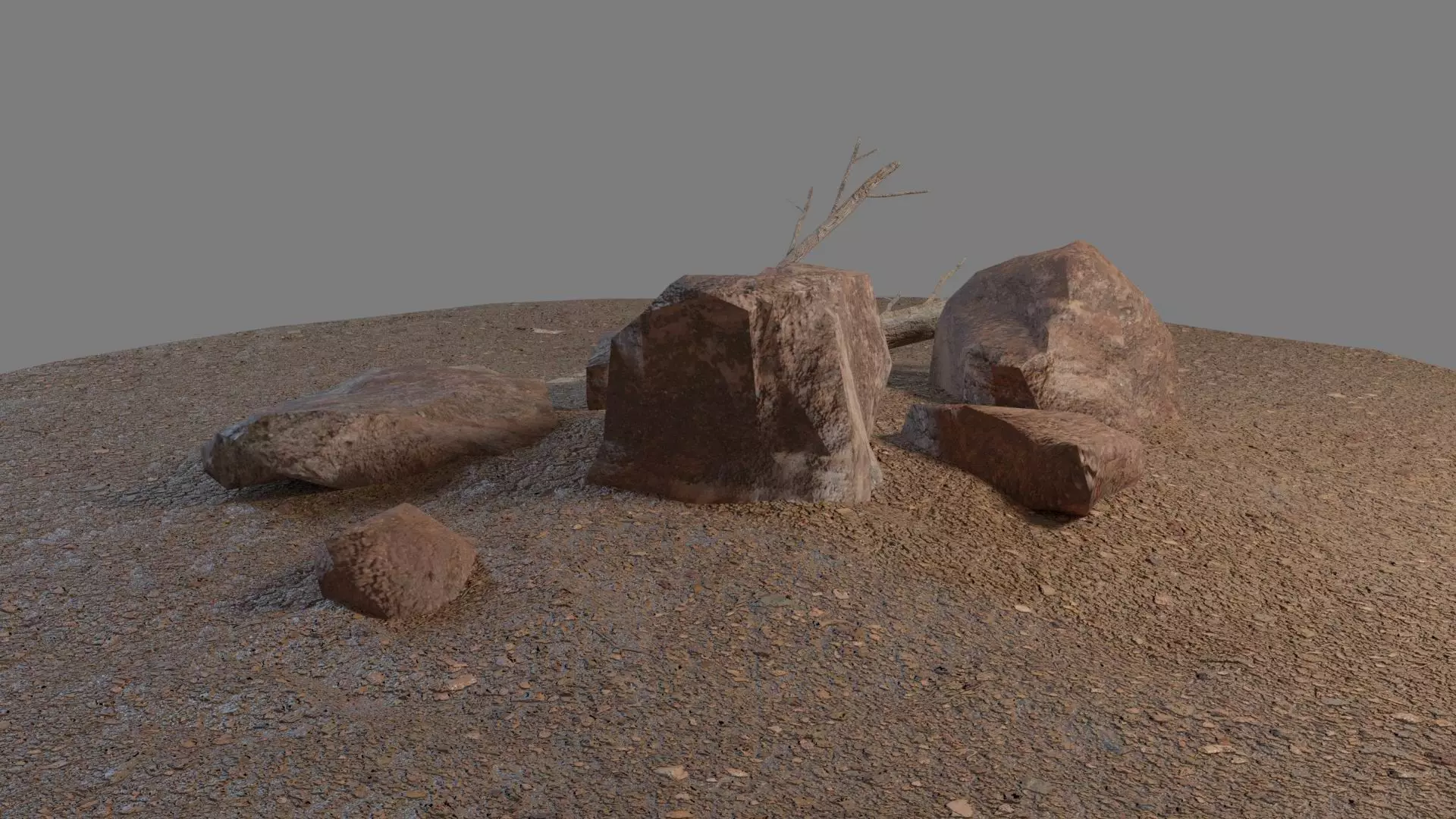 Rock and old tree on ground Low-poly 3D model