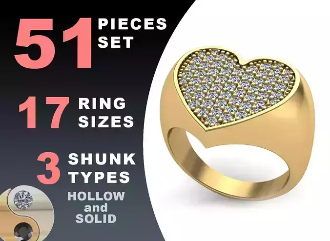 Signet rings set HEART top  3D print model