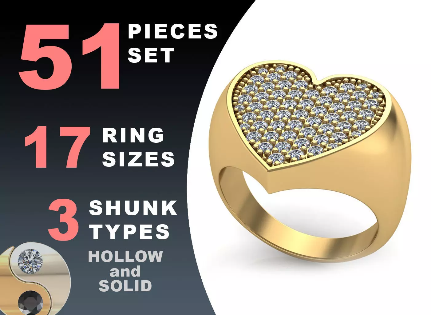 Signet rings set HEART top  3D print model_0