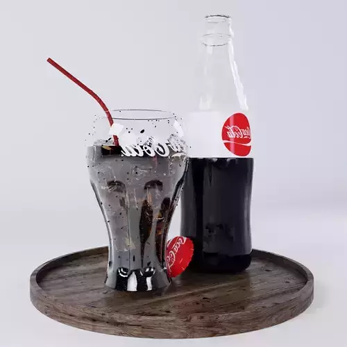 drink coca cola bottle and glass on wooden tray
