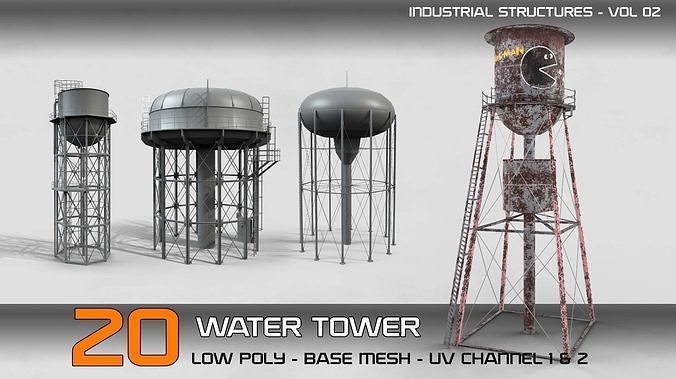 Industrial structure vol 2 - 20 water tower structures Low-poly 3D model