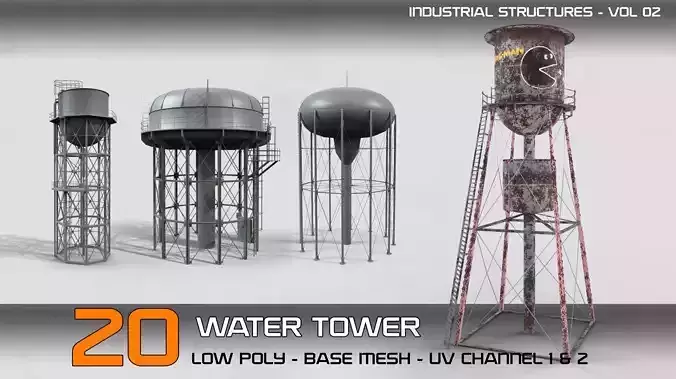 Industrial structure vol 2 - 20 water tower structures Low-poly 3D model