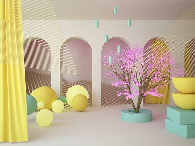 Abstract scene with arch wall curtains tree and geometric shapes 3D model