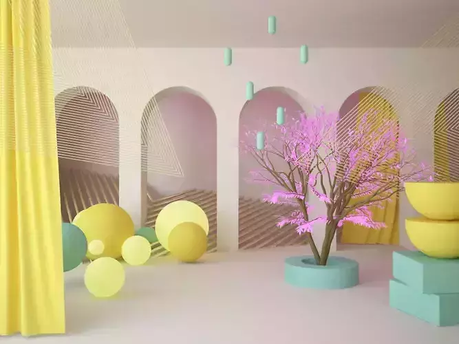 Abstract scene with arch wall curtains tree and geometric shapes 3D model