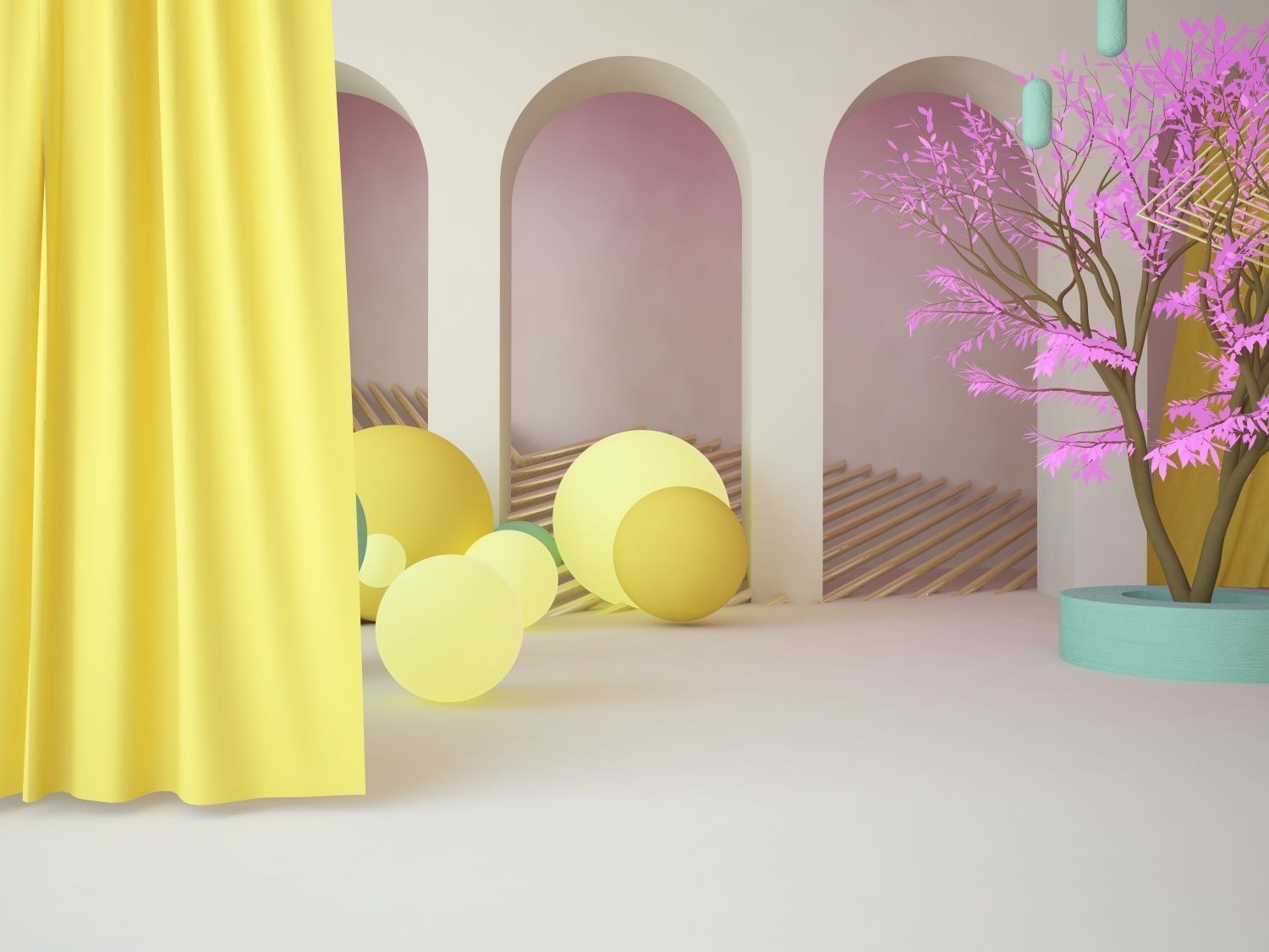 Abstract scene with arch wall curtains tree and geometric shapes 3D model_4
