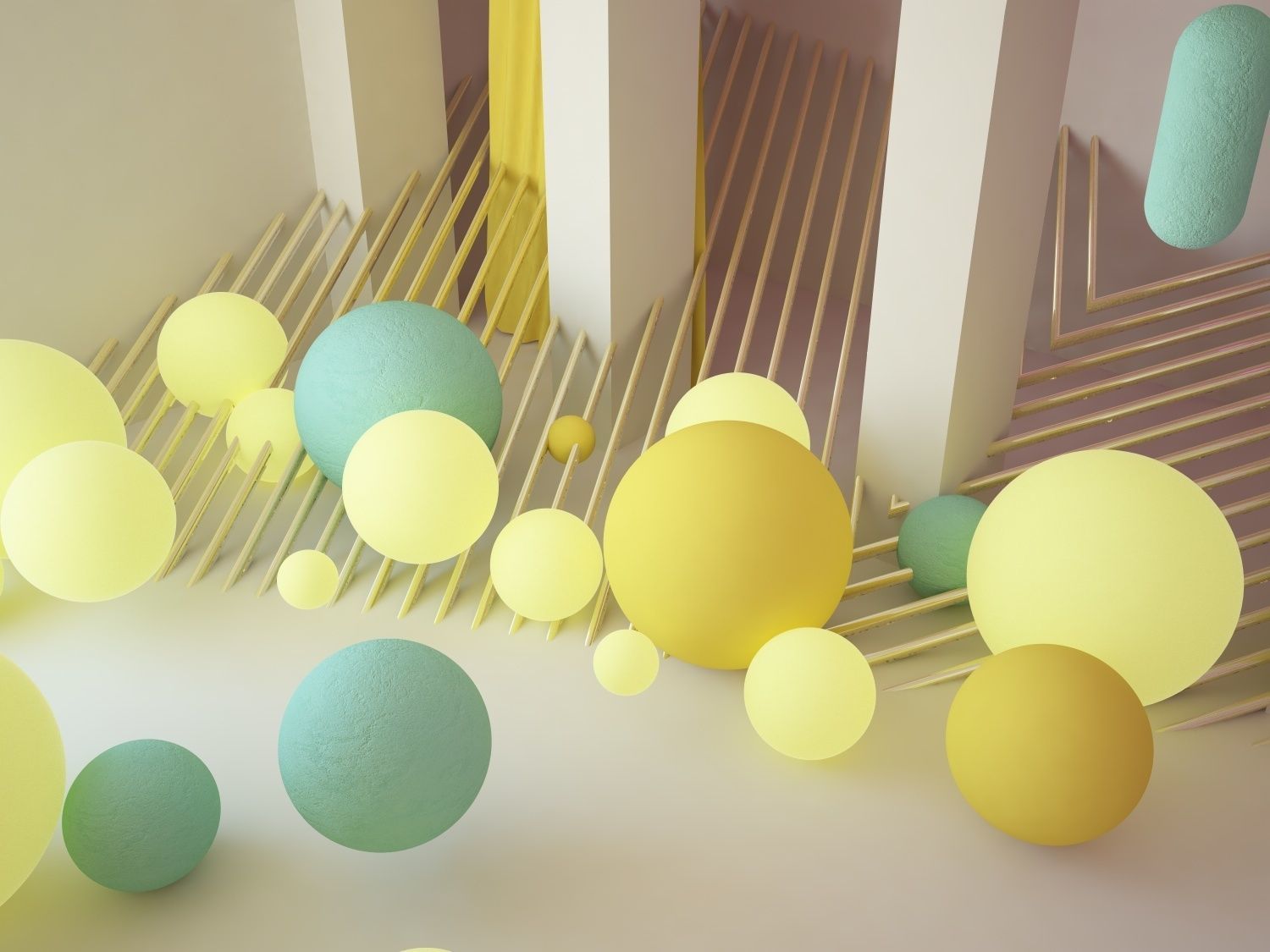 Abstract scene with arch wall curtains tree and geometric shapes 3D model_3