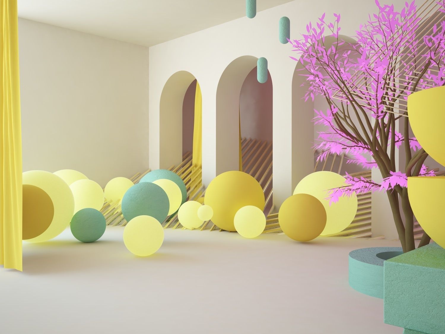 Abstract scene with arch wall curtains tree and geometric shapes 3D model_1