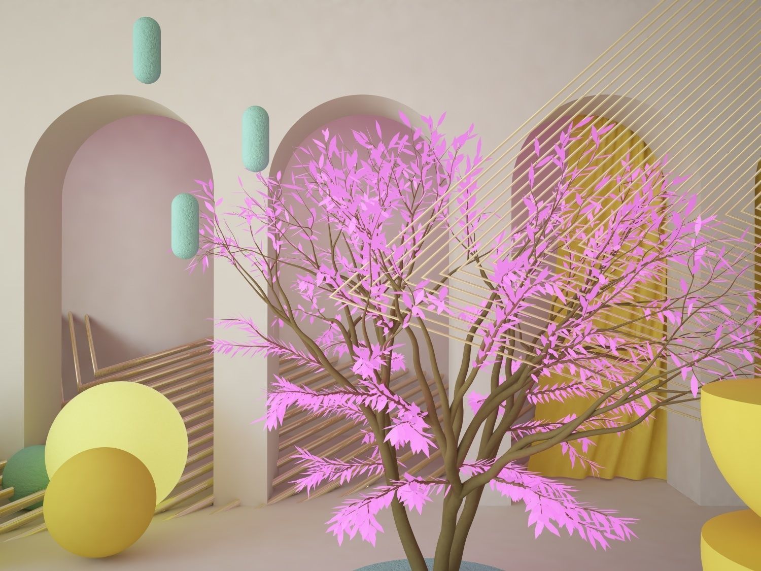 Abstract scene with arch wall curtains tree and geometric shapes 3D model_2