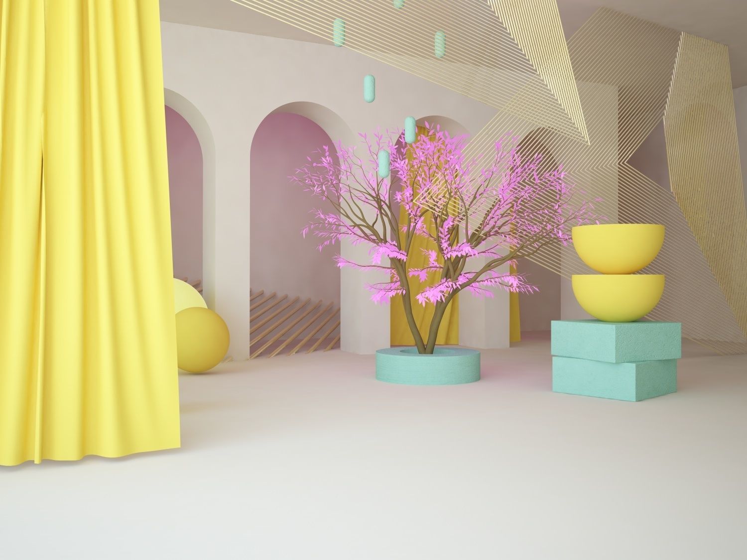 Abstract scene with arch wall curtains tree and geometric shapes 3D model_5