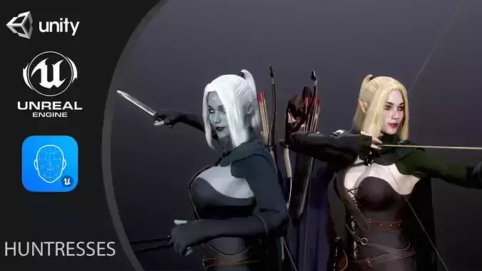 HuntresseS female character with hair Low-poly 3D model