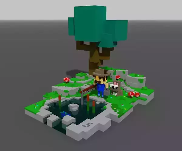 Fishing minecraft village with tree in middle