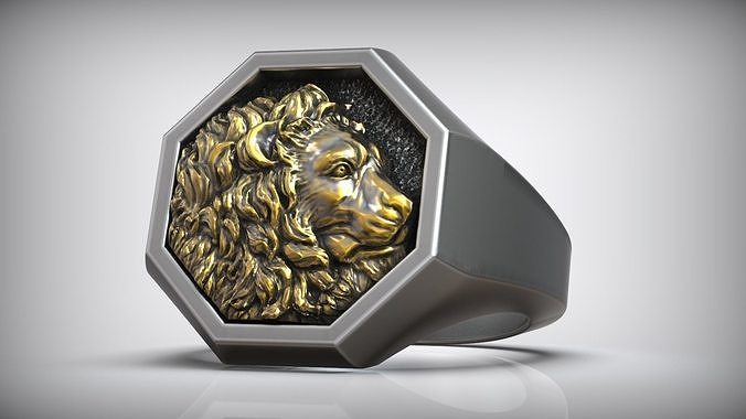 Lion Signet Ring Octagon Shape Gold Inlay 3D print model