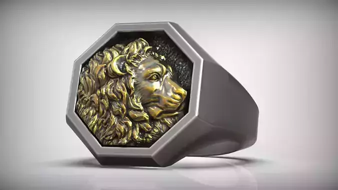 Lion Signet Ring Octagon Shape Gold Inlay