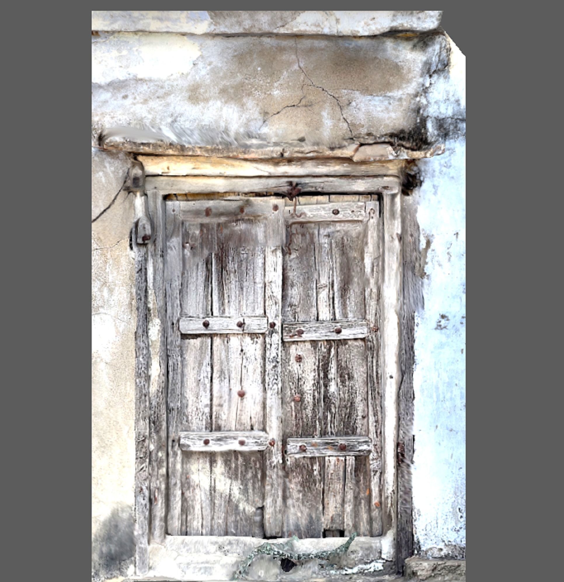 Old demolished wooden doors closed with  iron lock 3D model_2