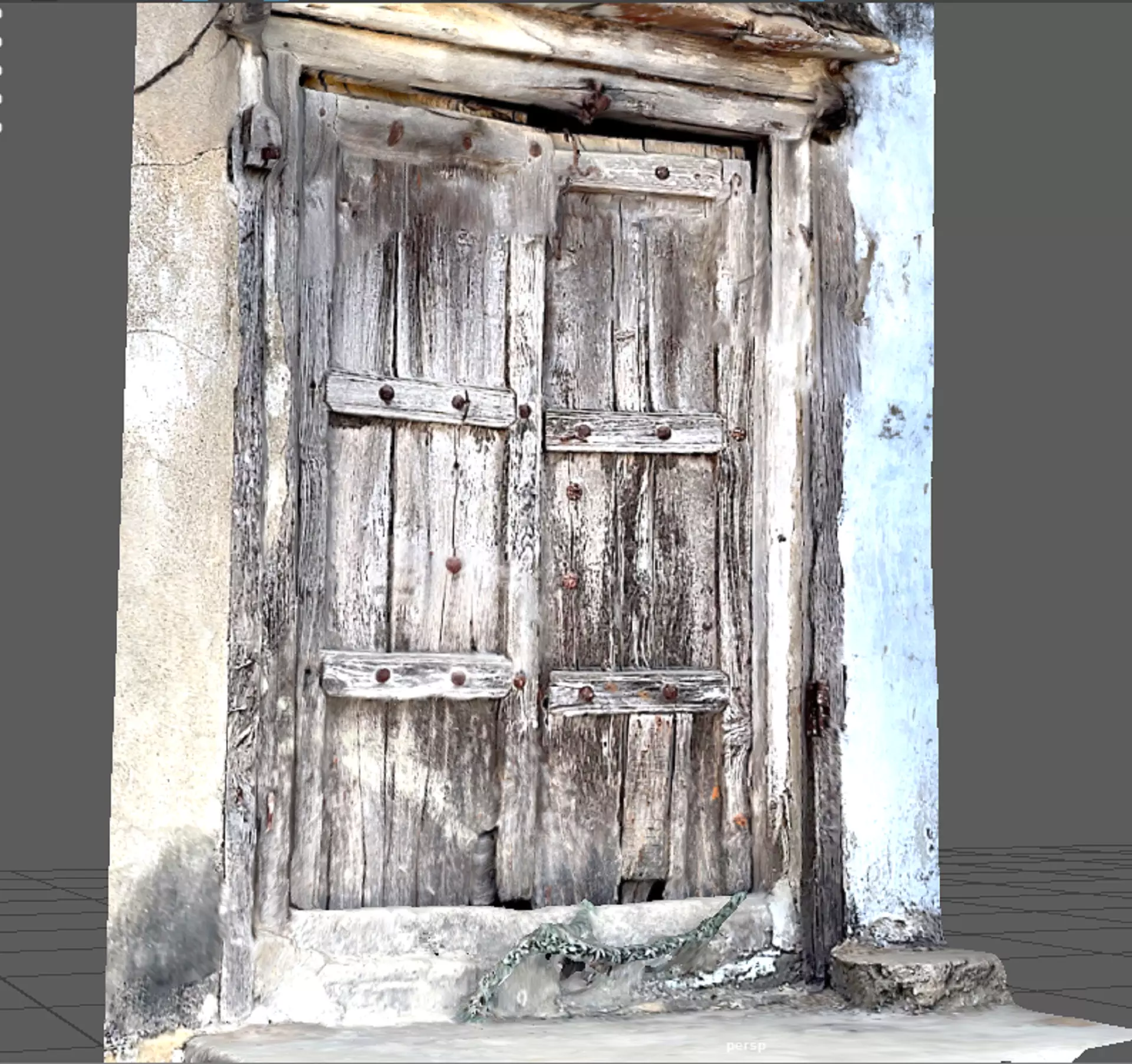Old demolished wooden doors closed with  iron lock 3D model_0
