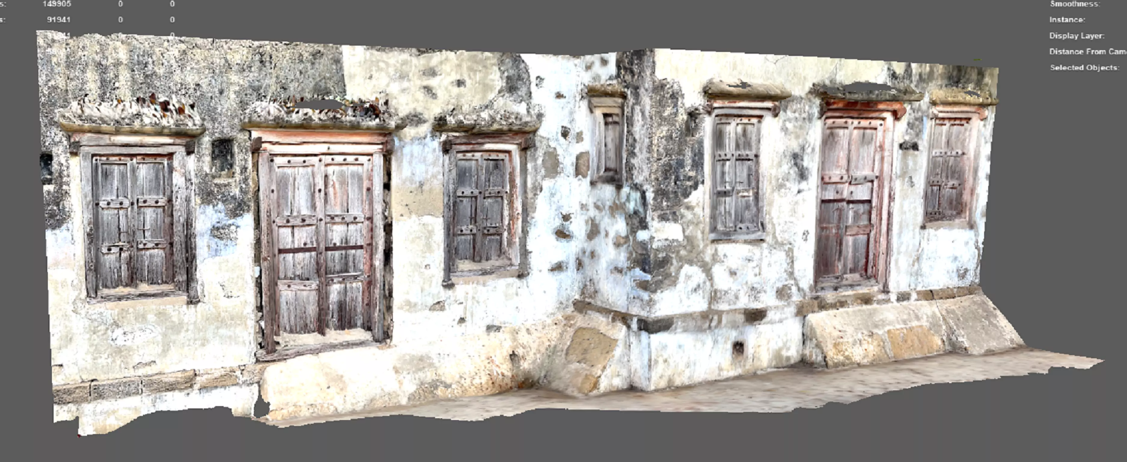 A ruined house wall with windows on sides doors in the center 3D model_0