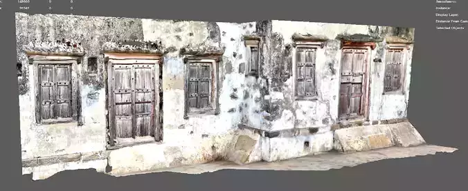 A ruined house wall with windows on sides  doors in the center 3D model