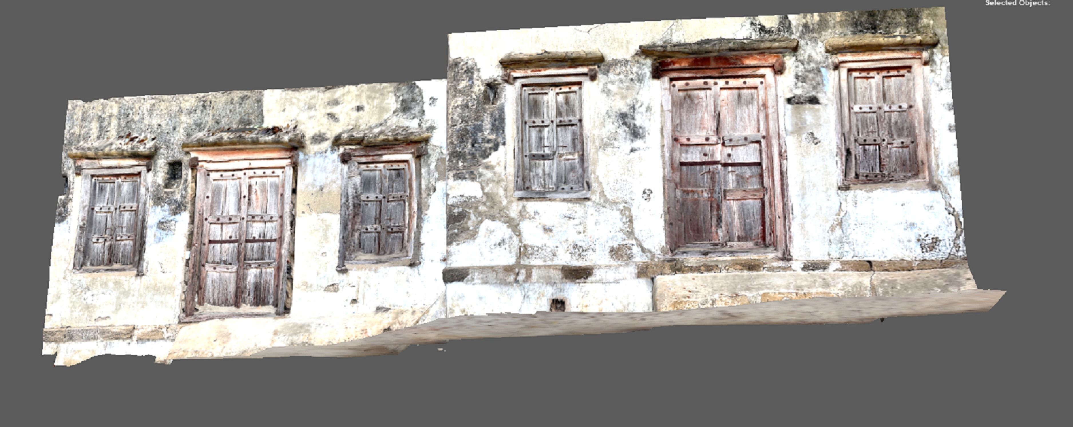 A ruined house wall with windows on sides doors in the center 3D model_2