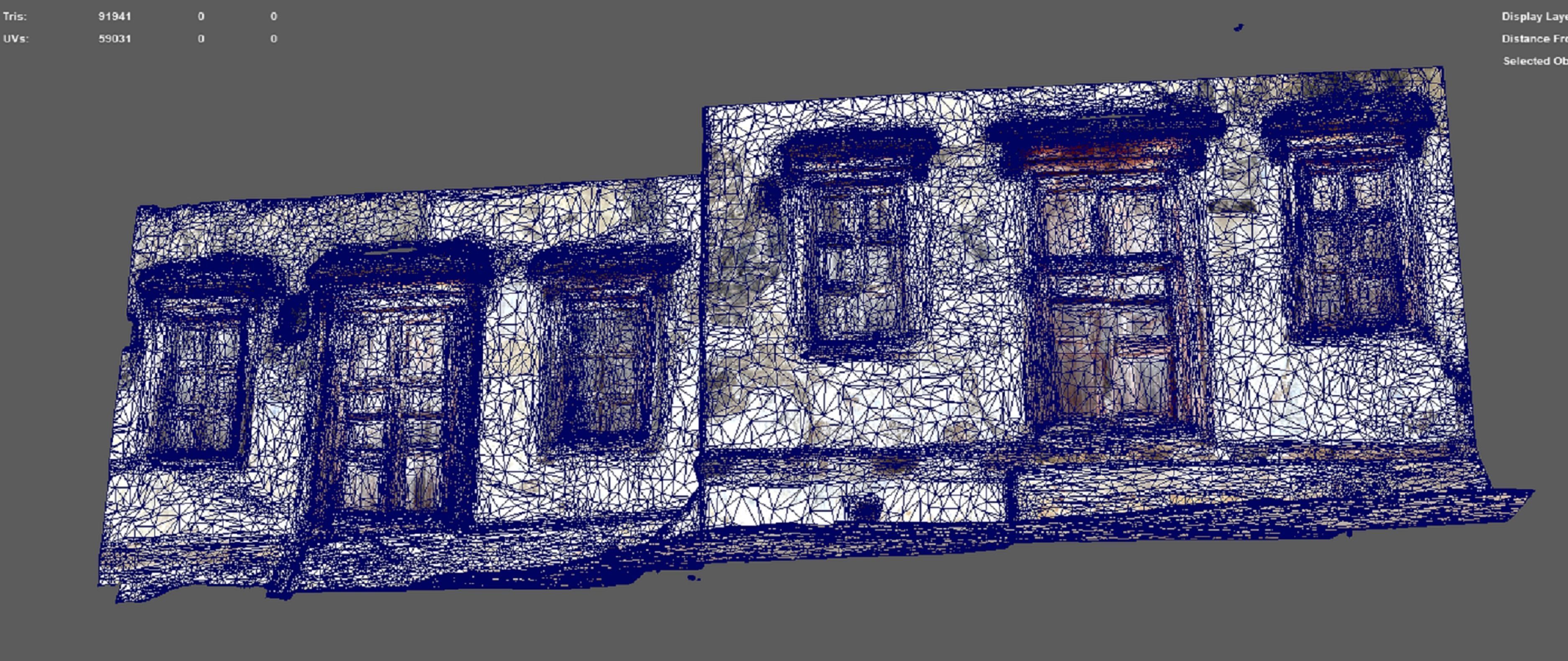 A ruined house wall with windows on sides doors in the center 3D model_3