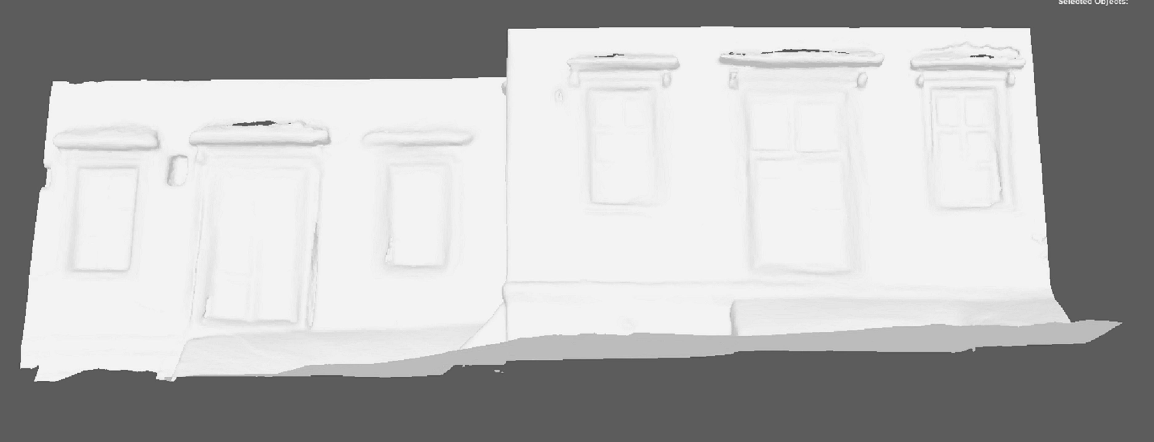 A ruined house wall with windows on sides doors in the center 3D model_4