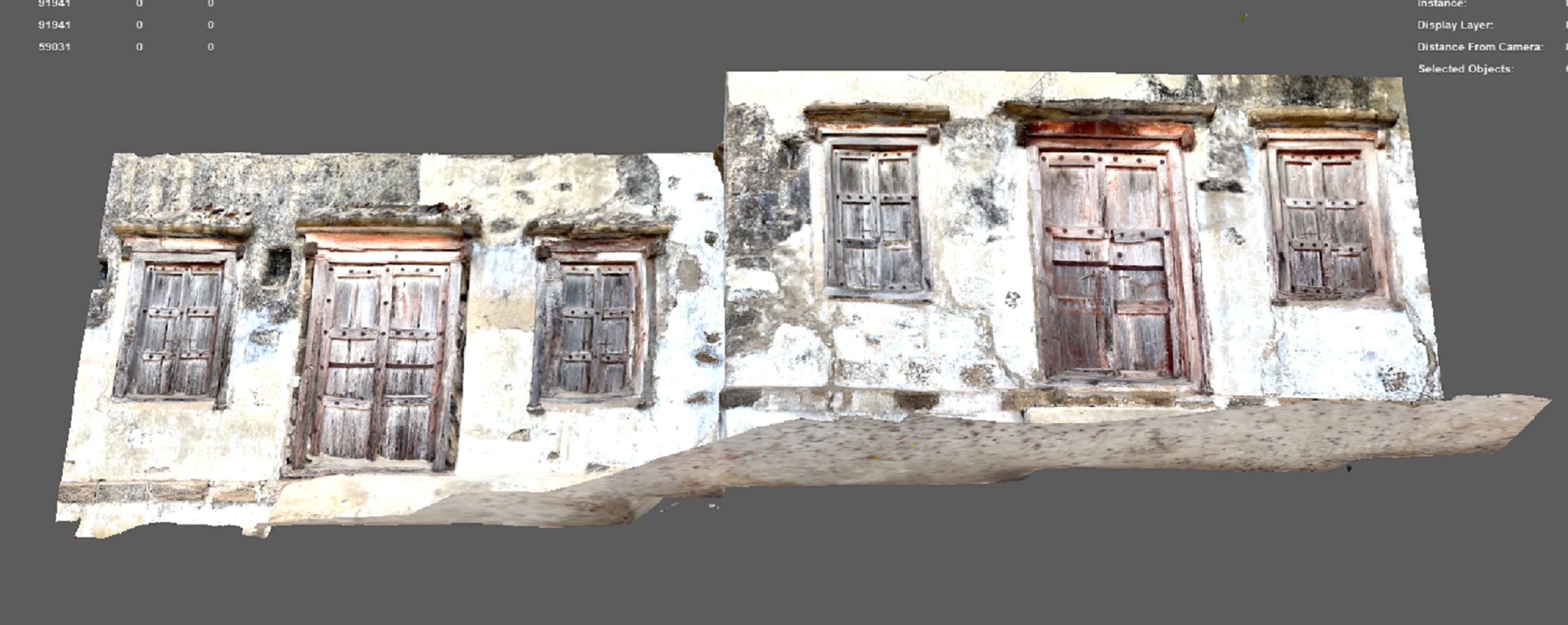 A ruined house wall with windows on sides doors in the center 3D model_5