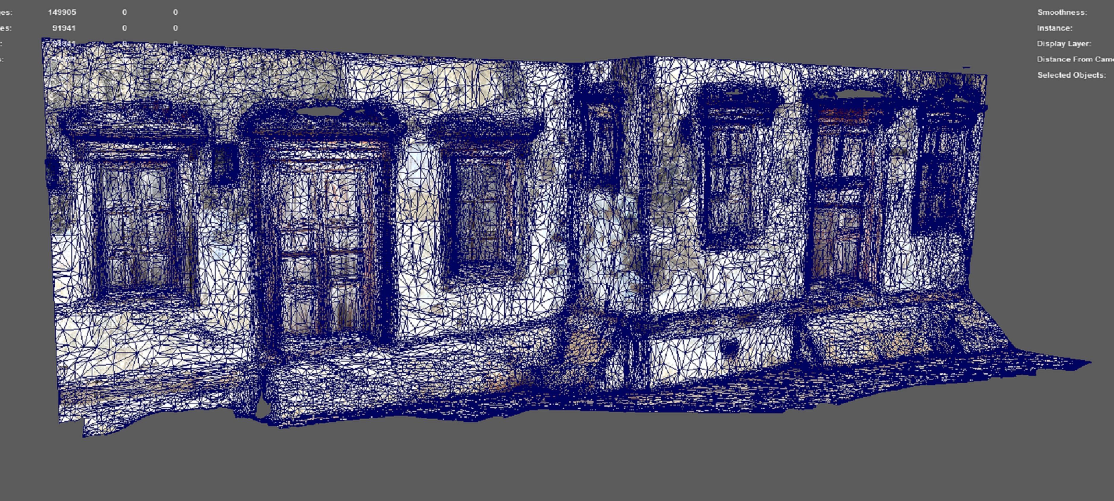 A ruined house wall with windows on sides doors in the center 3D model_1
