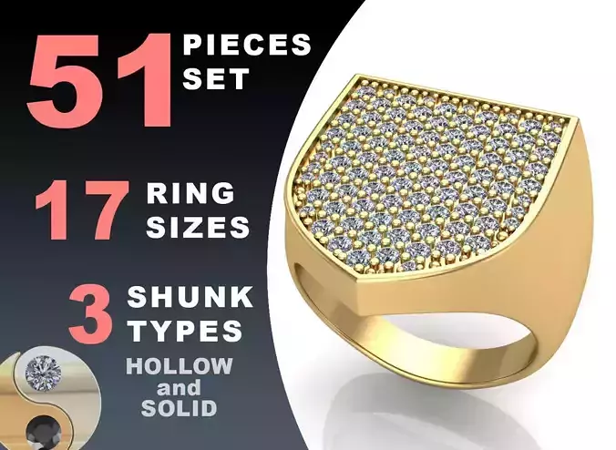 Signet rings set HERALDIC SHIELD top 3D print model
