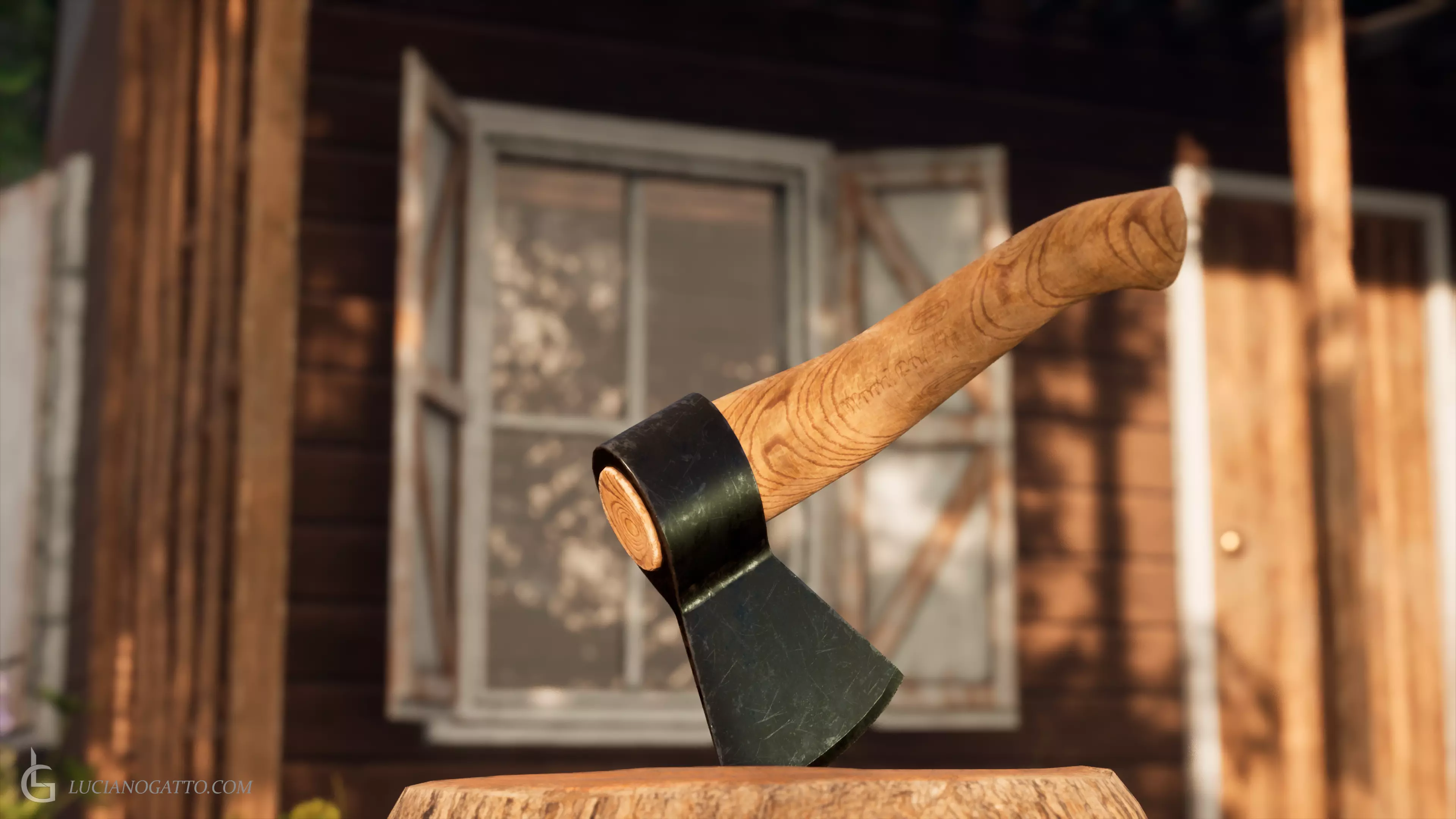 Axe and Wood Trunk Low-poly 3D model_0