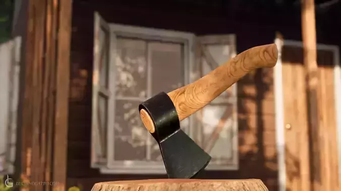 Axe and Wood Trunk Low-poly 3D model