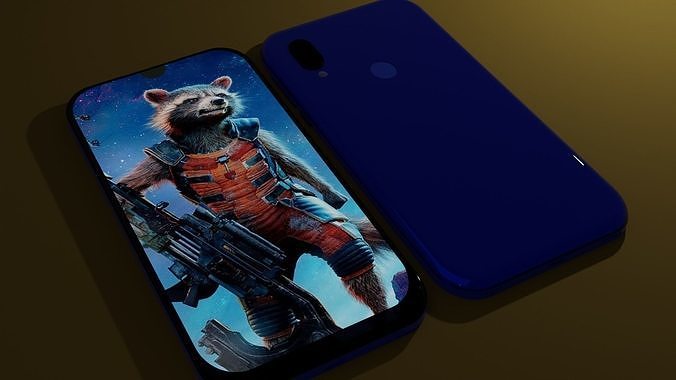 Redmi 7 phone with raccoon Low-poly 3D model