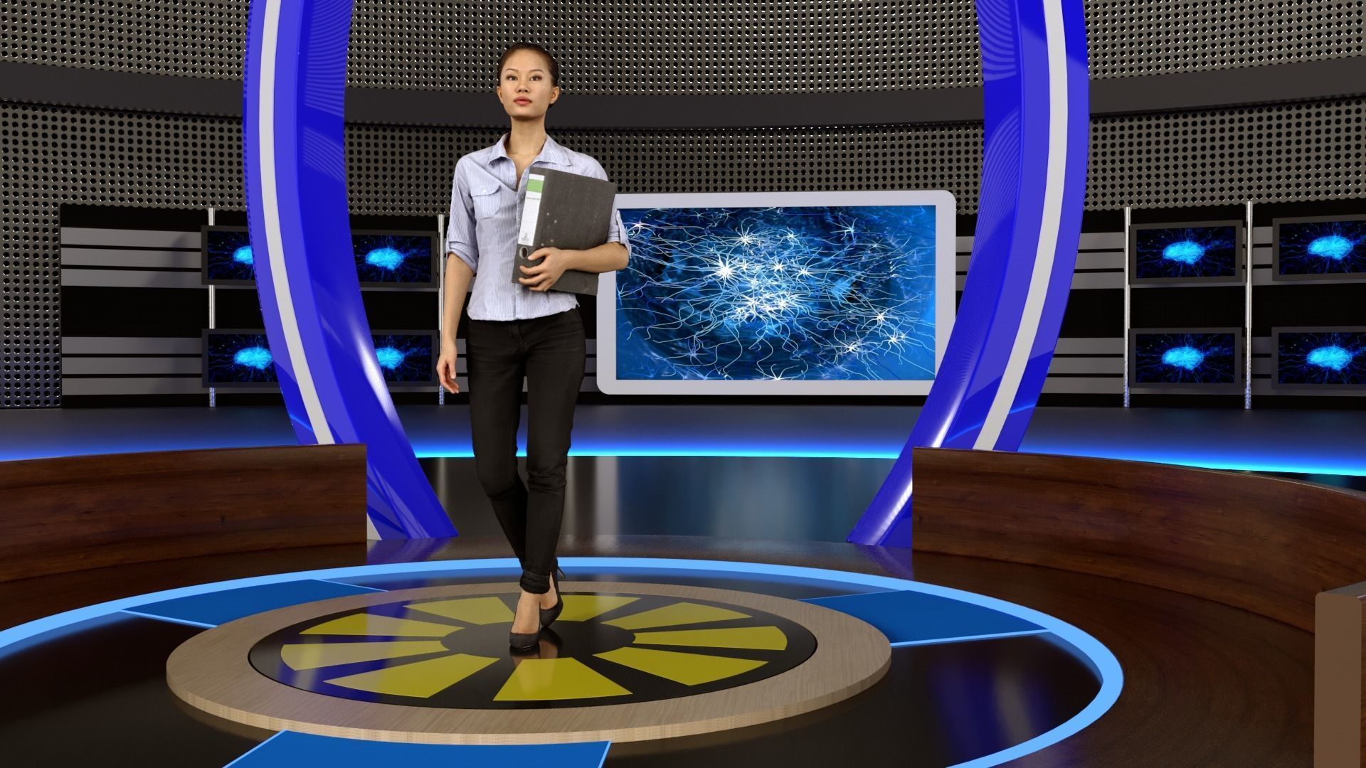 Virtual set tv studio with lights and woman 3D model_3