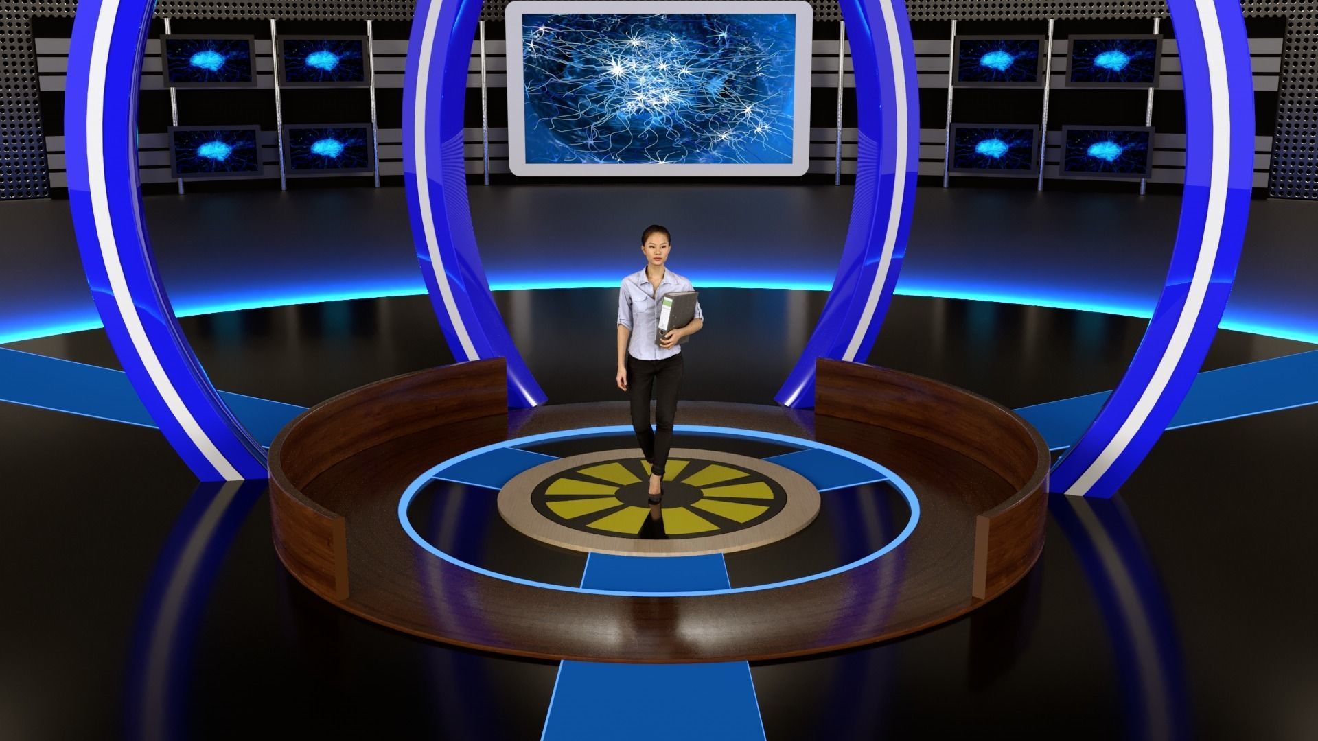 Virtual set tv studio with lights and woman 3D model_5