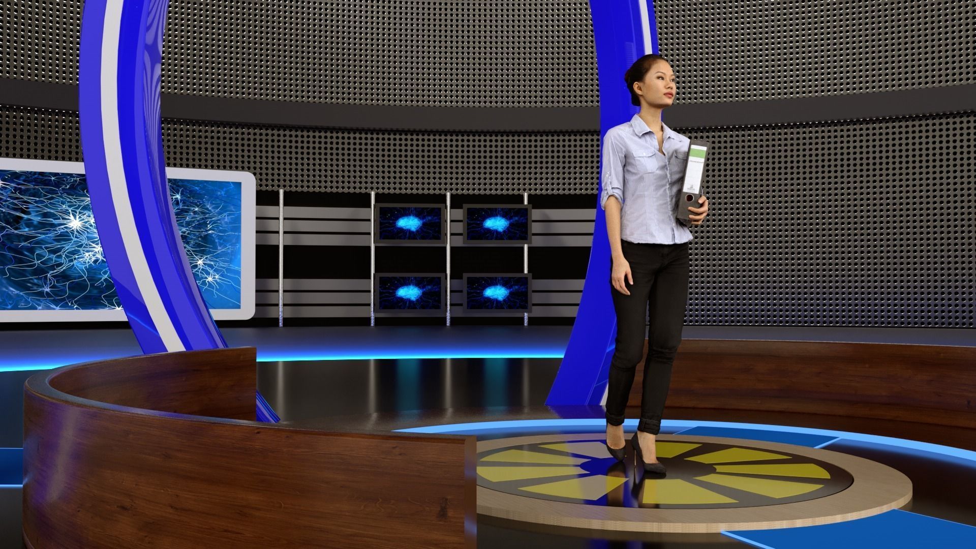 Virtual set tv studio with lights and woman 3D model_4