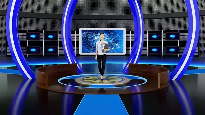 Virtual set tv studio with lights and woman