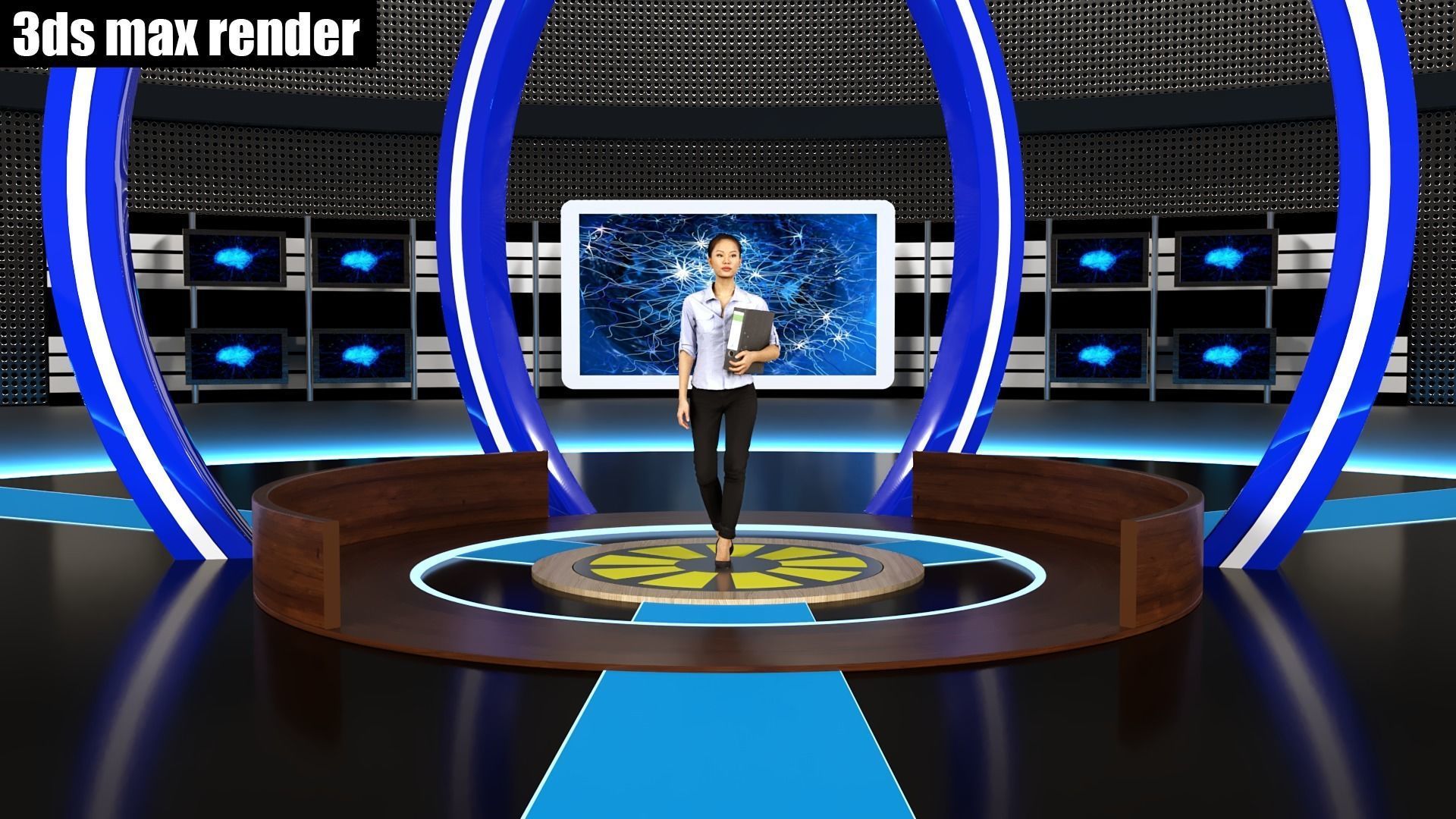 Virtual set tv studio with lights and woman 3D model_1