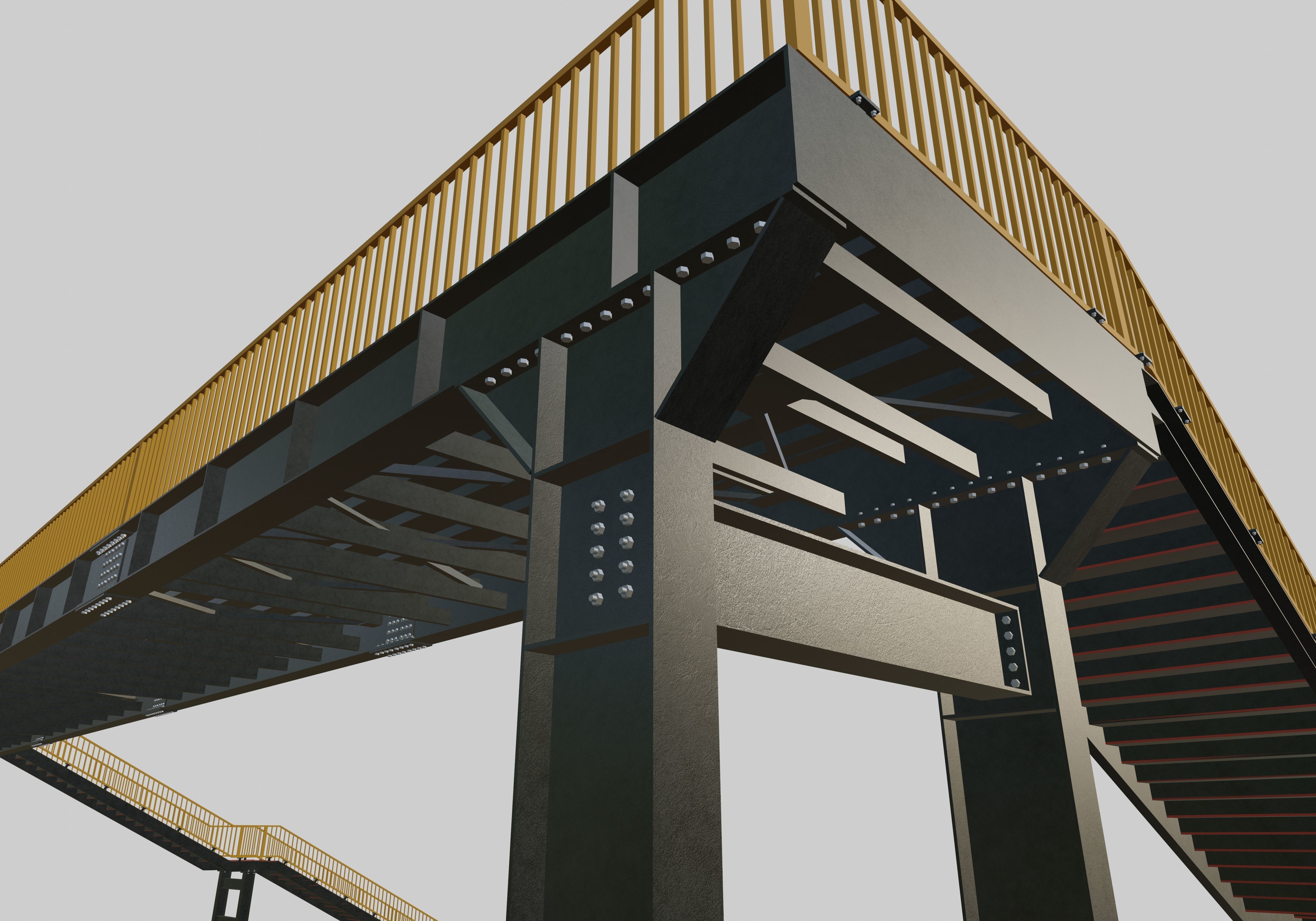 Steel Pedestrian Bridge - Two Columns - Straight Type-1 3D model_3