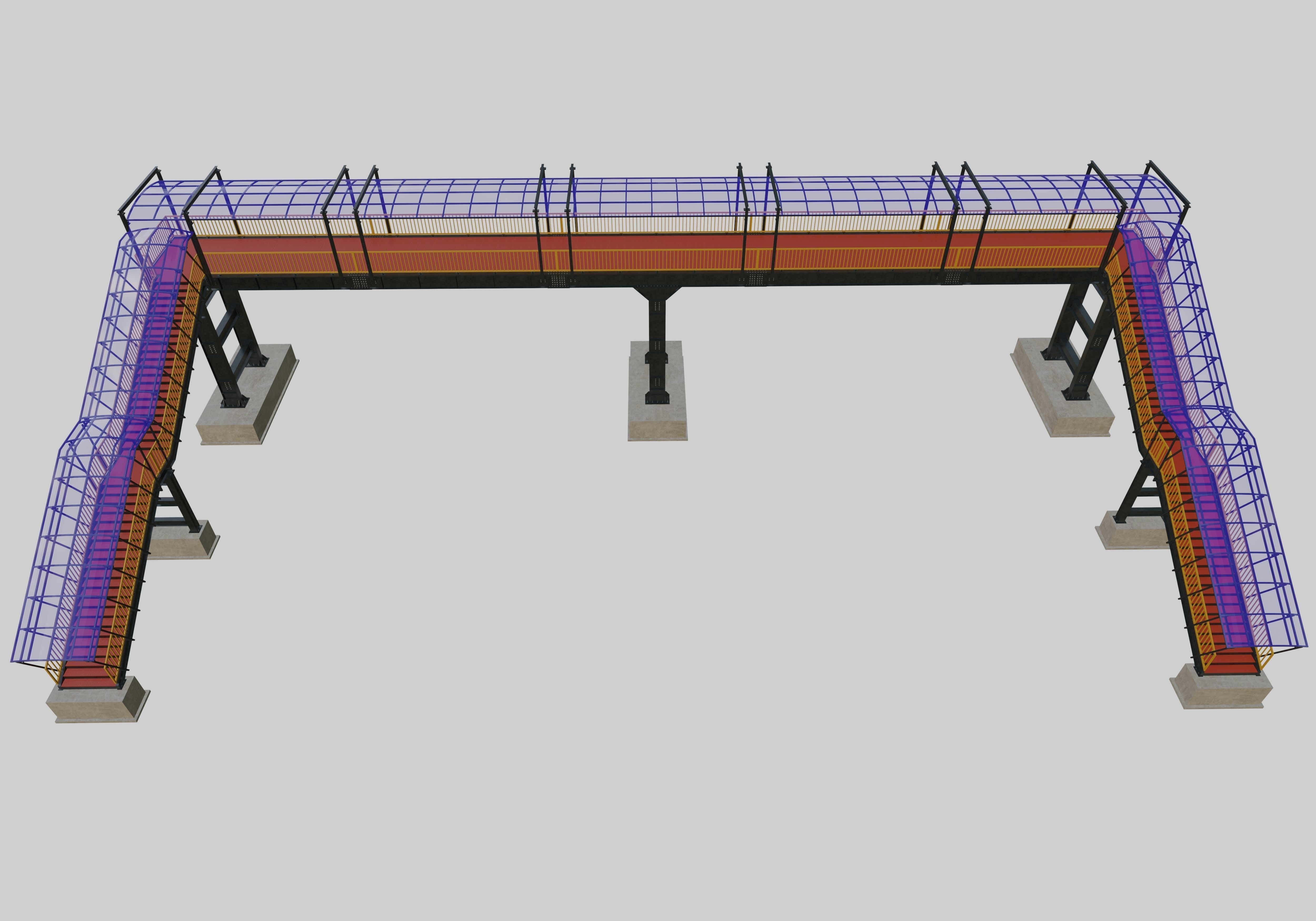 Steel Pedestrian Bridge - Three Columns - Straight Close Type-4 3D model_6