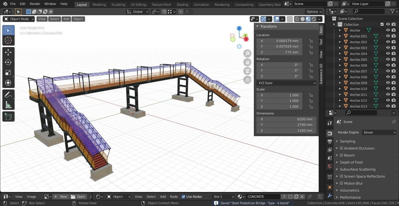 Steel Pedestrian Bridge - Three Columns - Straight Close Type-4 3D model_32