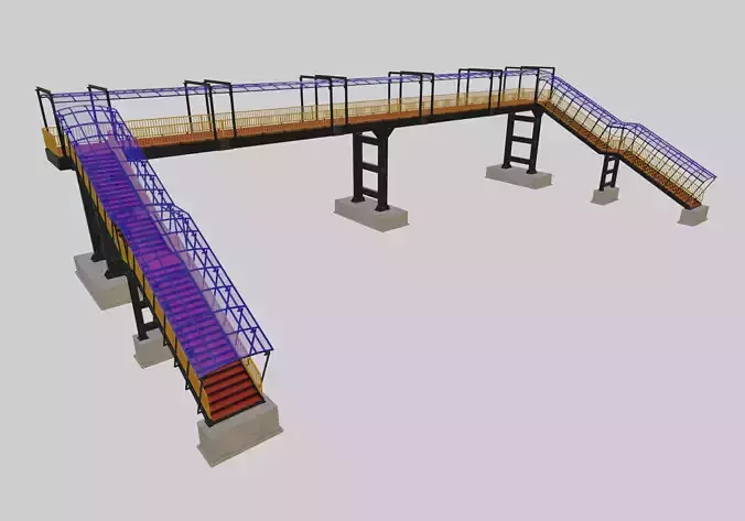 Steel Pedestrian Bridge - Three Columns - Straight Close Type-4 3D model