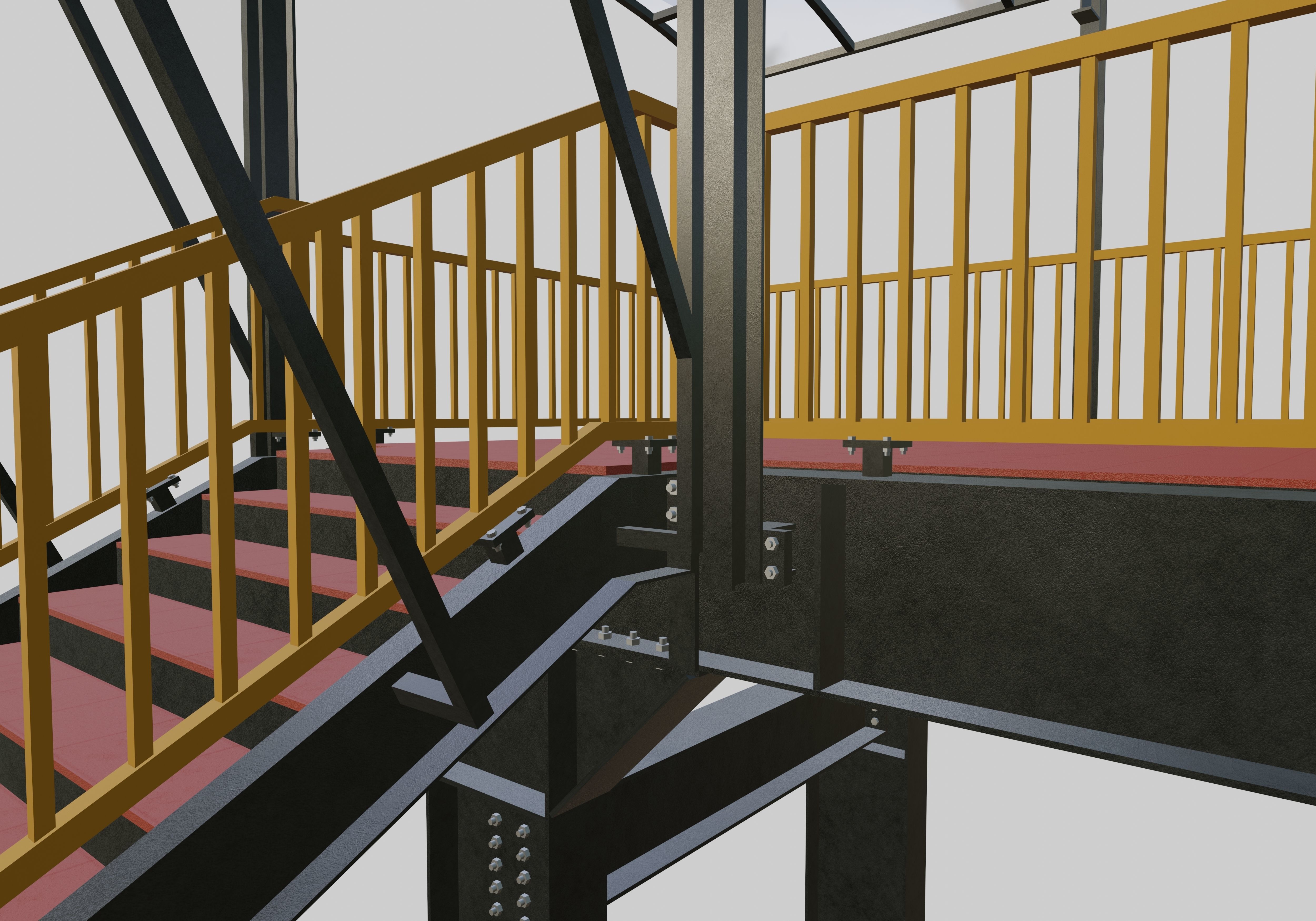 Steel Pedestrian Bridge - Three Columns - Straight Close Type-4 3D model_12