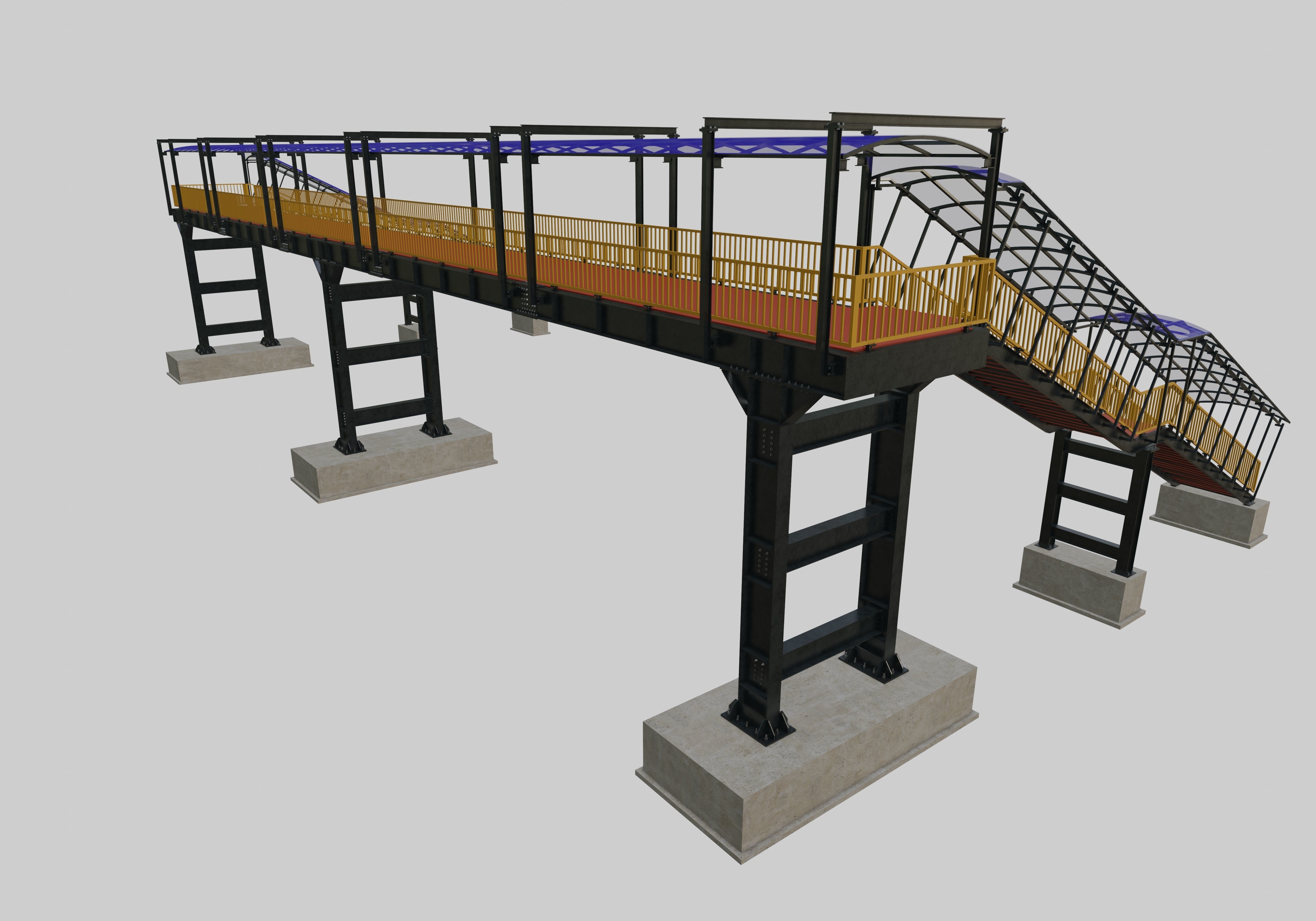 Steel Pedestrian Bridge - Three Columns - Straight Close Type-4 3D model_2