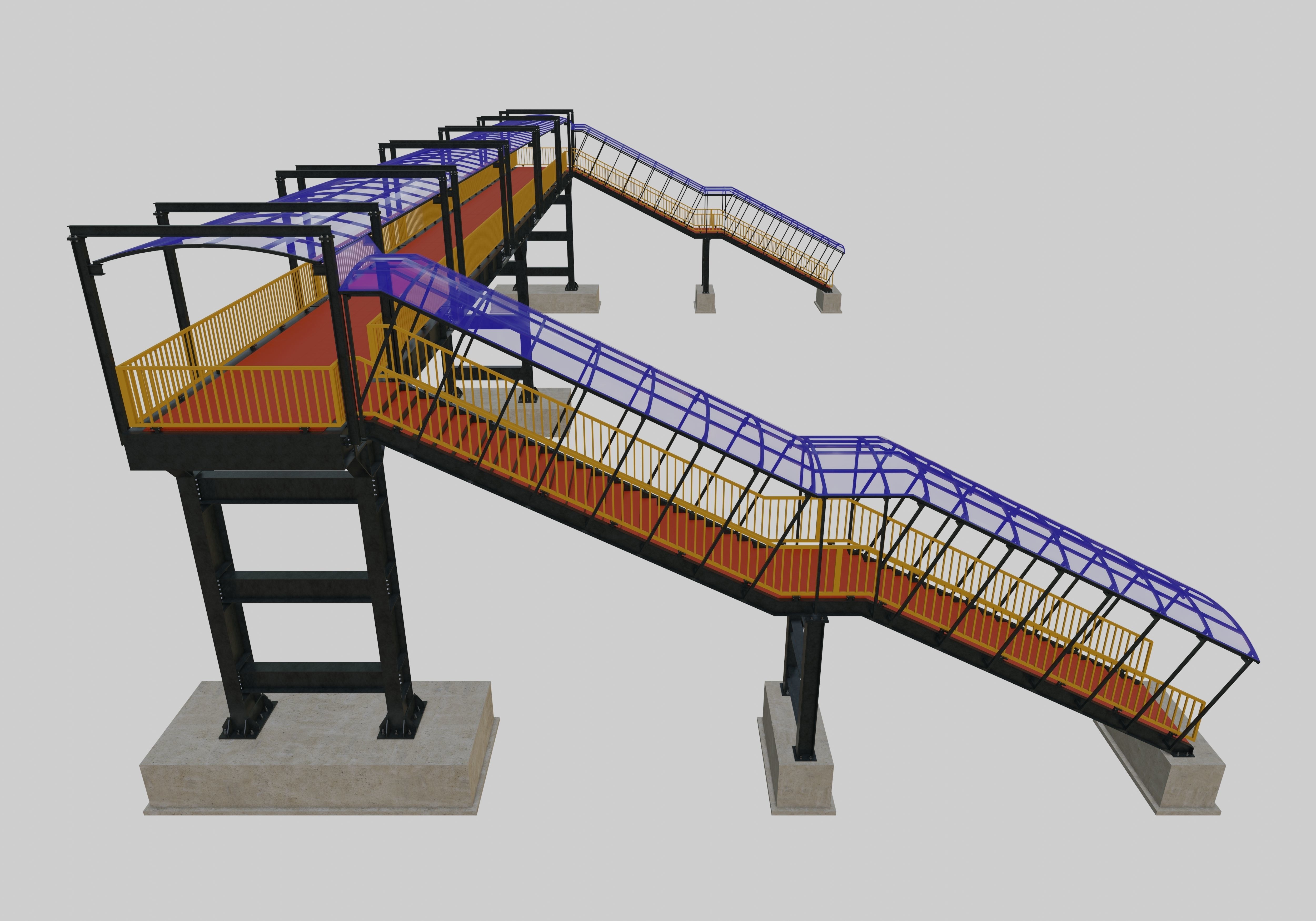 Steel Pedestrian Bridge - Three Columns - Straight Close Type-4 3D model_1