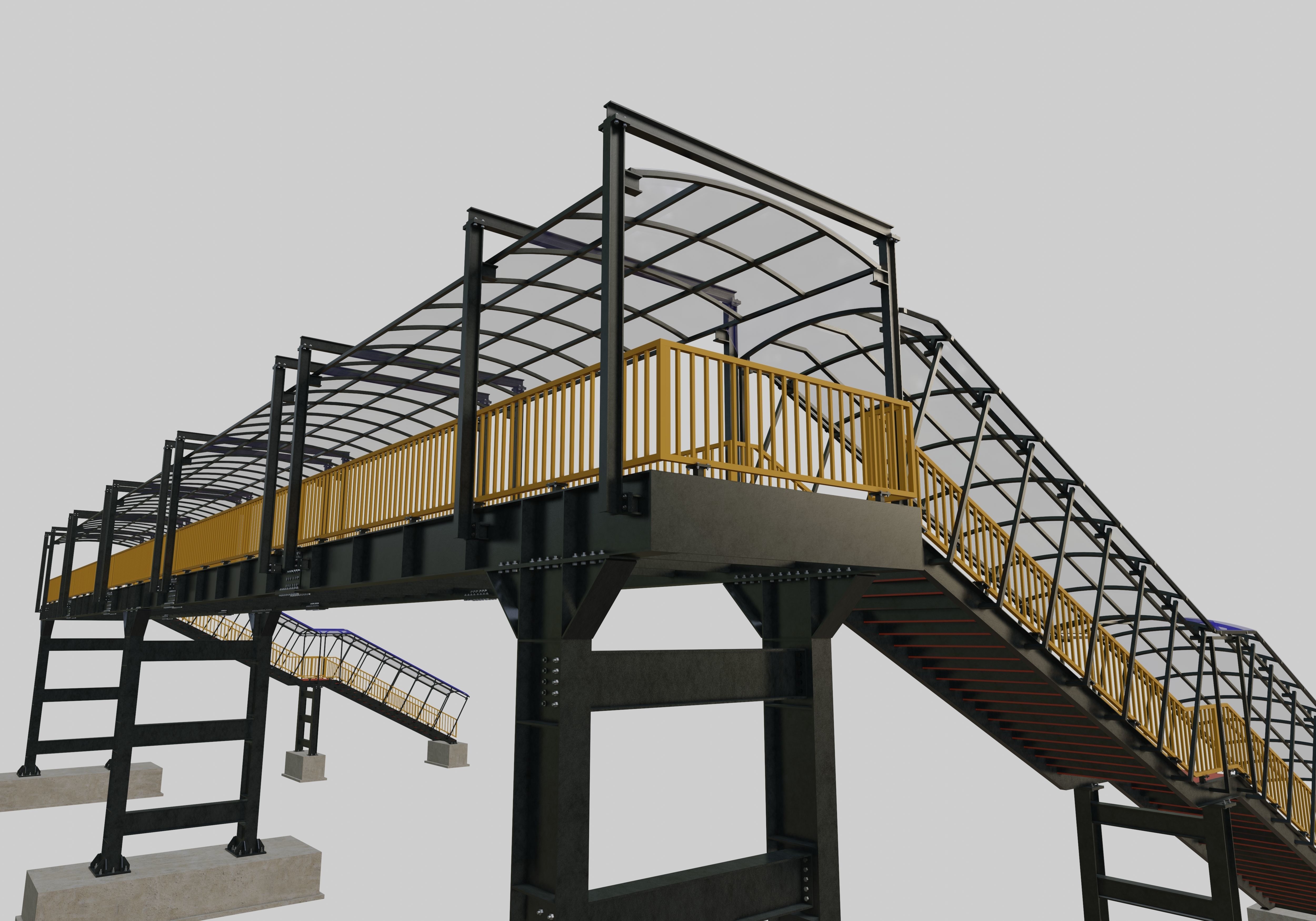 Steel Pedestrian Bridge - Three Columns - Straight Close Type-4 3D model_3