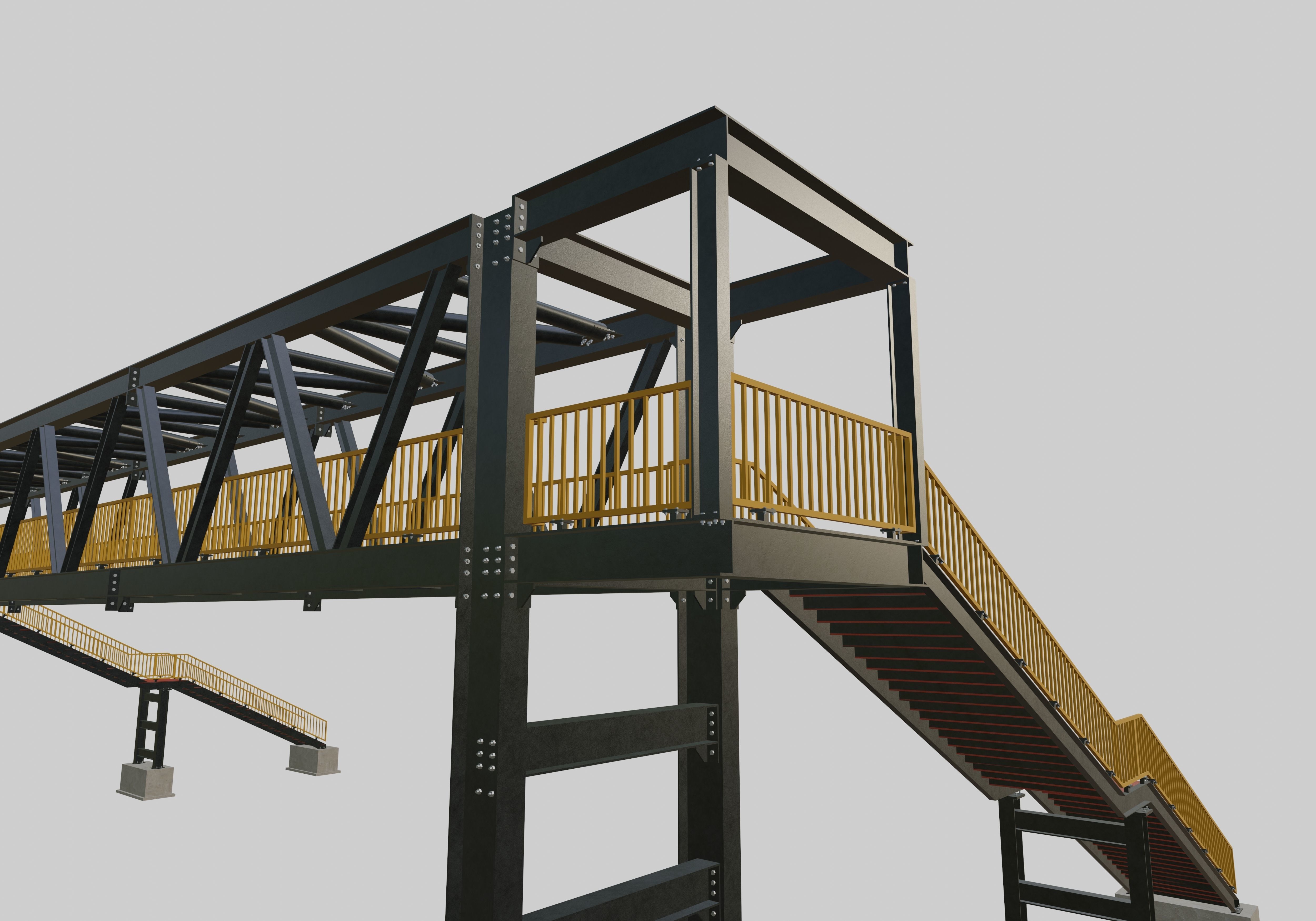 Steel Pedestrian Bridge - Three Columns - Truss Type-10 3D model_3